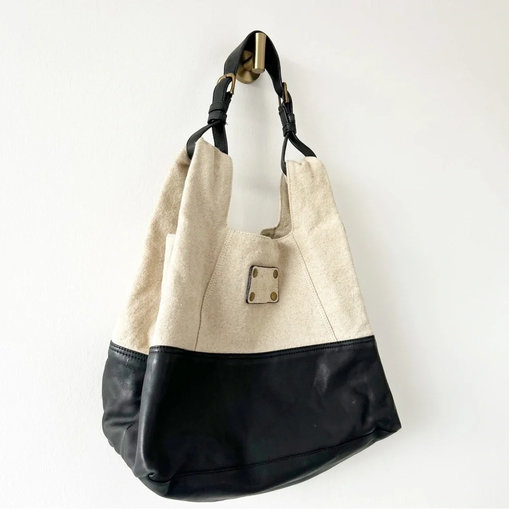Vintage Ann Taylor Large Oversized Leather and Canvas Shoulder Bag